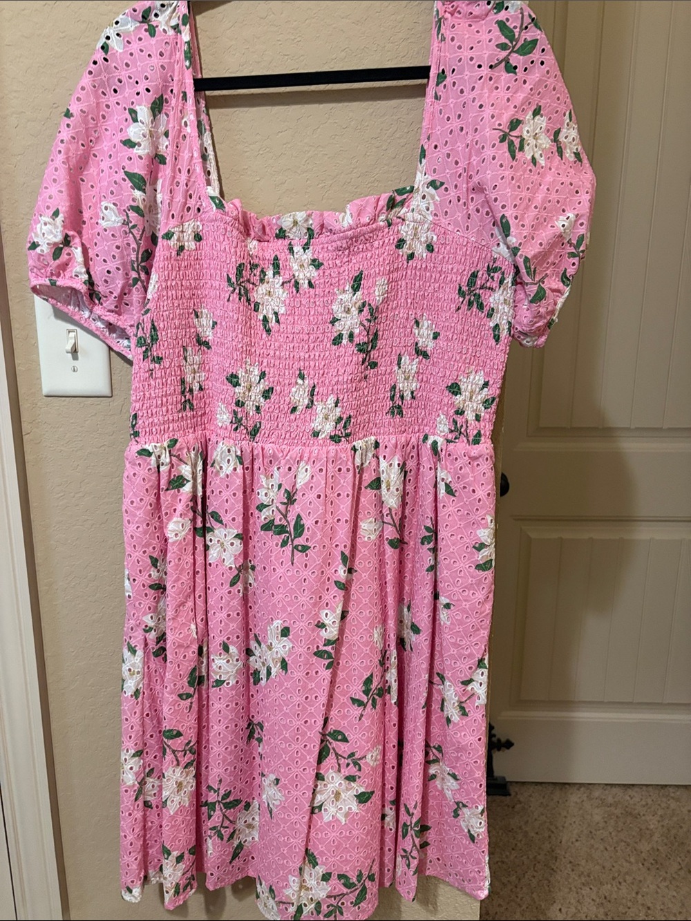 Draper James Pink Floral Eyelet Smocked Midi Dress